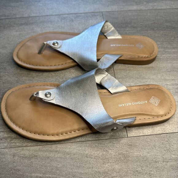 Antonio Melani Lennore Womens Silver Color Leather Flat Sandals Toe Thong 11M - Picture 2 of 4